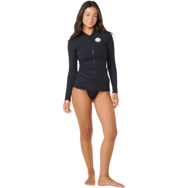 2026 Rip Curl Womens Premium Surf Zip Thru Long Sleeve UPF Rash Vest 16GWRV - Black